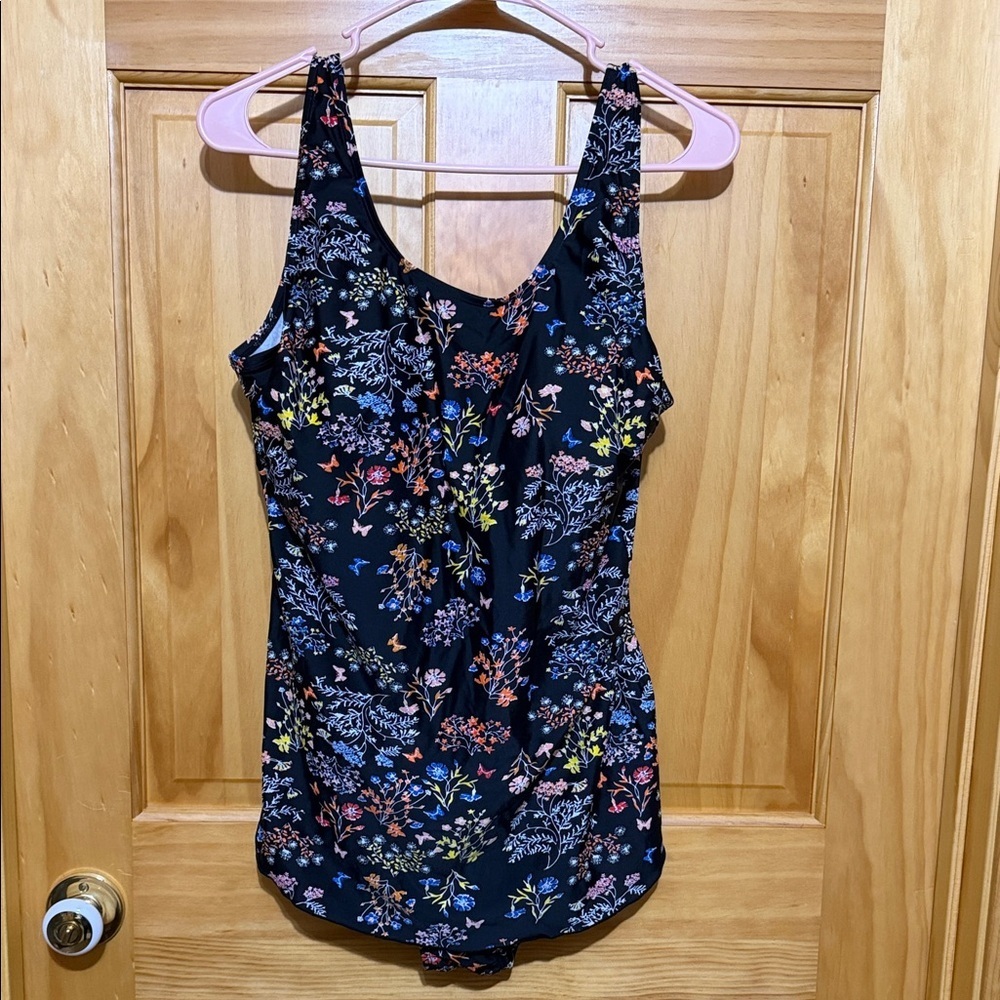 Women's Shore Shape Black Floral One-Piece Swimsuit with Built In Skirt & Bra